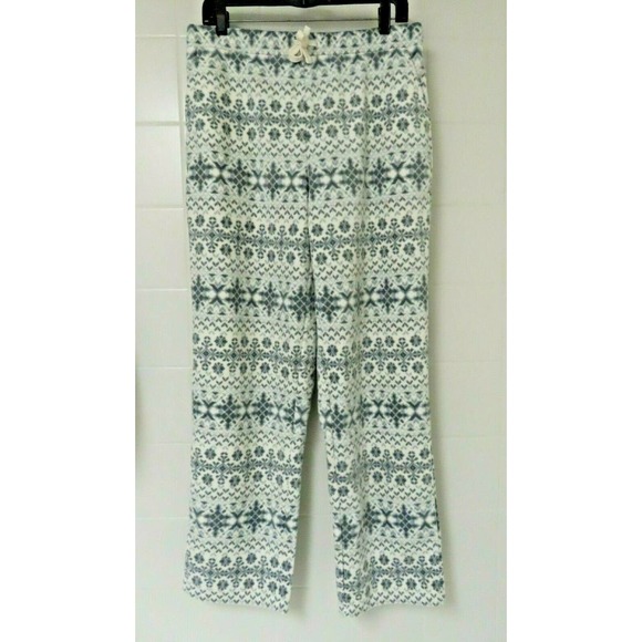 Denim & Co. Small Printed Fleece Drawstring Pants Snowflake Natural White Gray S - Picture 2 of 8